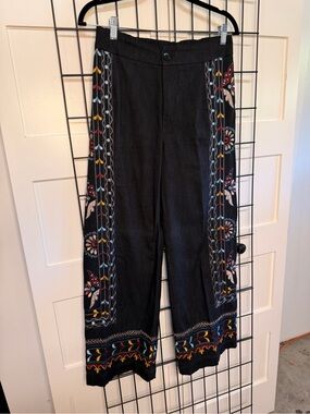 Anthropologie Embroidered Black Wide-Leg Pants